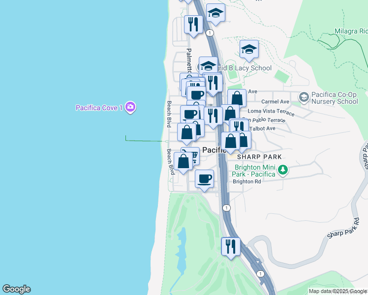 map of restaurants, bars, coffee shops, grocery stores, and more near 77 Montecito Avenue in Pacifica