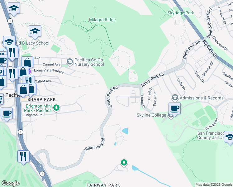 map of restaurants, bars, coffee shops, grocery stores, and more near 800-898 Sharp Park Rd in Pacifica