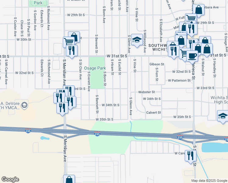 map of restaurants, bars, coffee shops, grocery stores, and more near 3356 South Hiram Street in Wichita