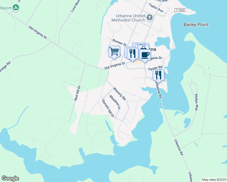map of restaurants, bars, coffee shops, grocery stores, and more near Waverly Road in Urbanna