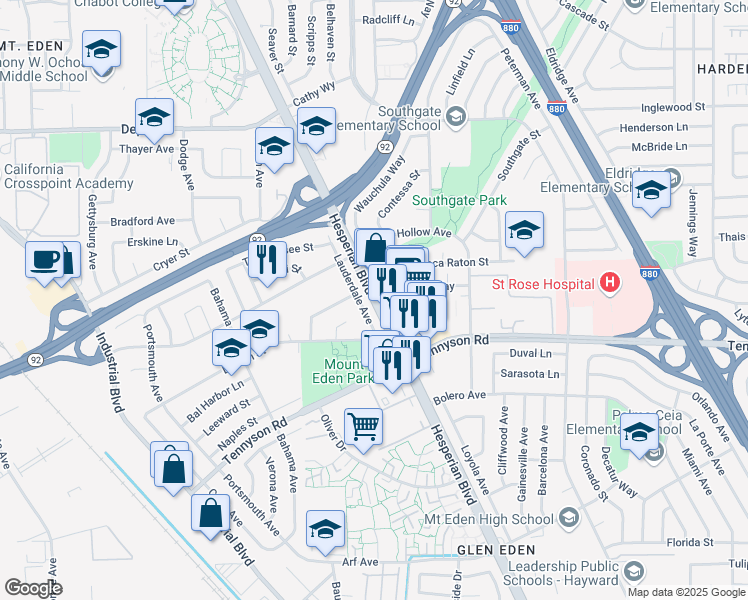 map of restaurants, bars, coffee shops, grocery stores, and more near Hesperian Boulevard & Aldengate Way in Hayward