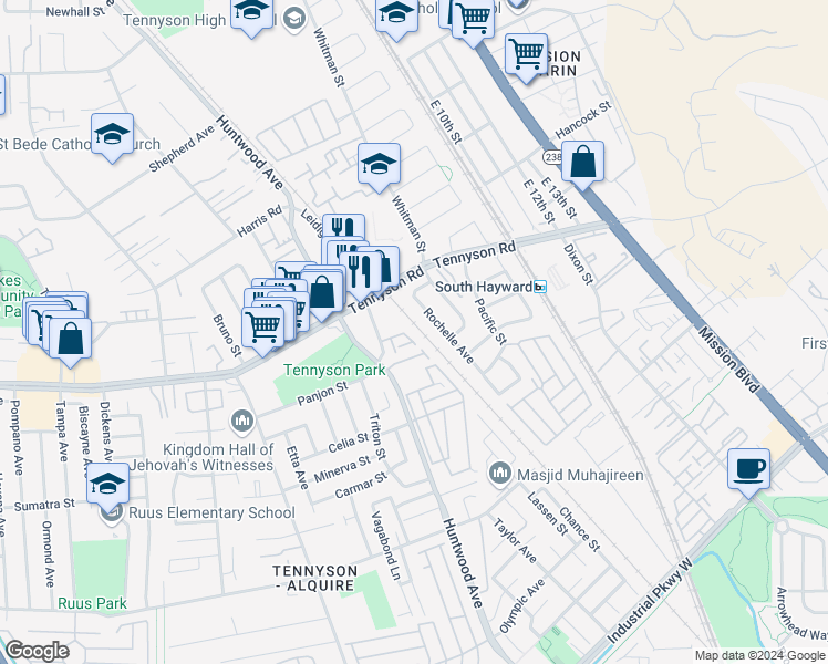 map of restaurants, bars, coffee shops, grocery stores, and more near 28279 Rochelle Avenue in Hayward