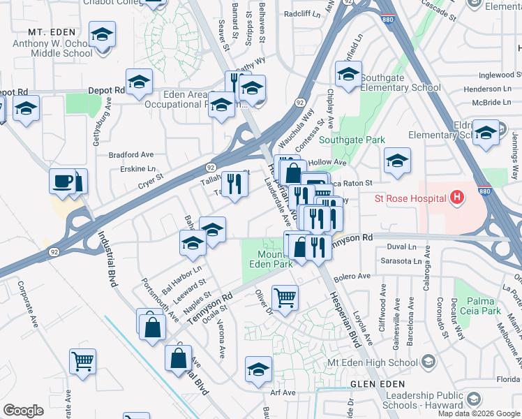 map of restaurants, bars, coffee shops, grocery stores, and more near 2250 Sleepy Hollow Avenue in Hayward