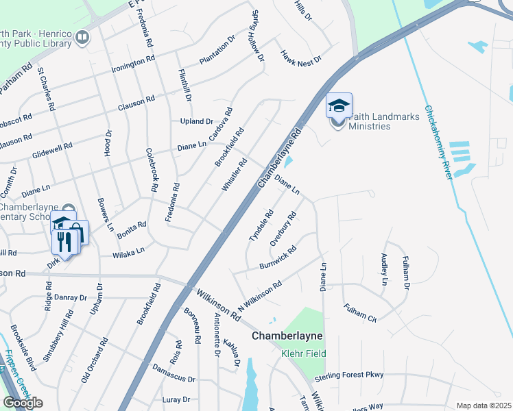 map of restaurants, bars, coffee shops, grocery stores, and more near 8219 Chamberlayne Road in Richmond
