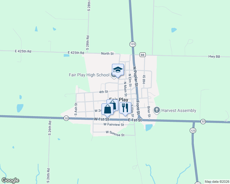 map of restaurants, bars, coffee shops, grocery stores, and more near N Walnut St in Fair Play