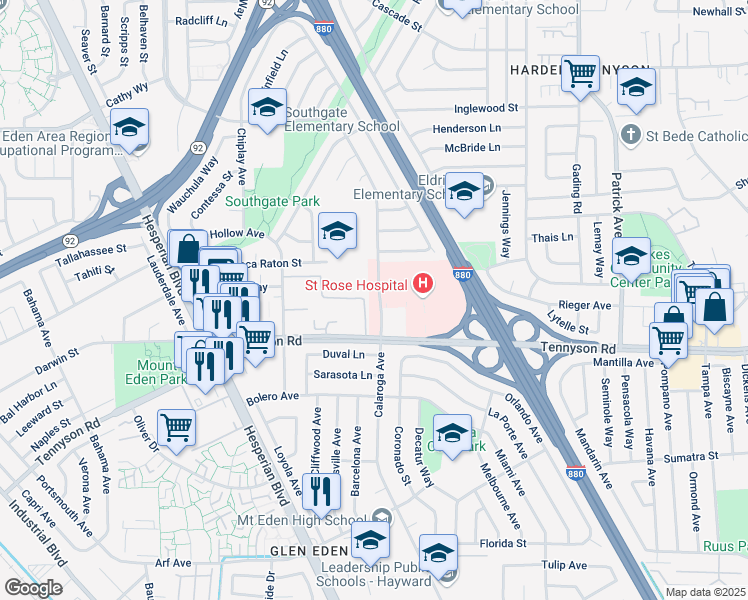 map of restaurants, bars, coffee shops, grocery stores, and more near 27190 Calaroga Avenue in Hayward