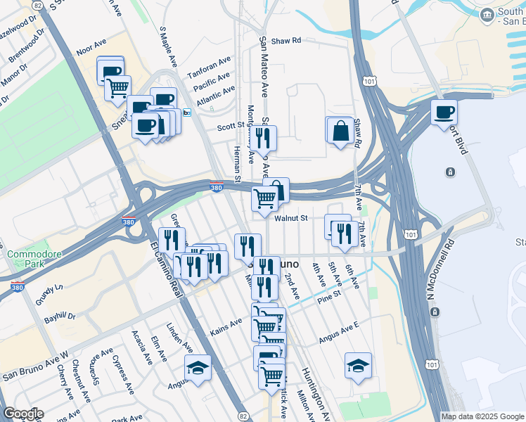 map of restaurants, bars, coffee shops, grocery stores, and more near 965 San Mateo Avenue in San Bruno