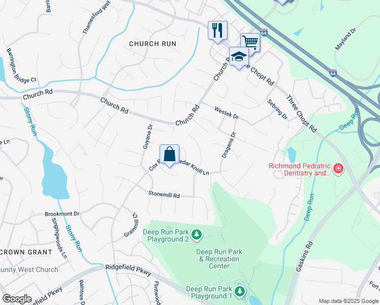 map of restaurants, bars, coffee shops, grocery stores, and more near 2505 Cedar Knoll Court in Richmond