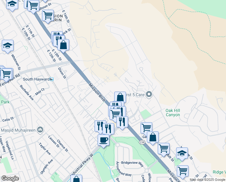 map of restaurants, bars, coffee shops, grocery stores, and more near 729 Delve Court in Hayward
