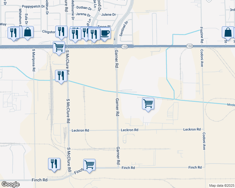 map of restaurants, bars, coffee shops, grocery stores, and more near 600 Garner Road in Modesto