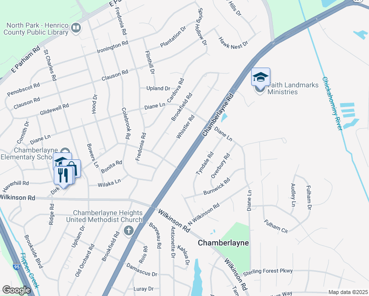 map of restaurants, bars, coffee shops, grocery stores, and more near 8208 Chamberlayne Road in Richmond