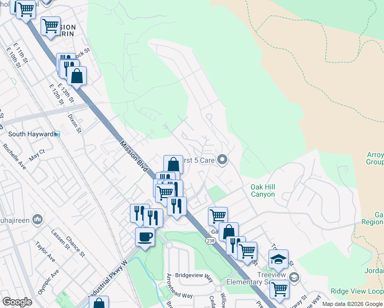 map of restaurants, bars, coffee shops, grocery stores, and more near 661 Royston Lane in Hayward