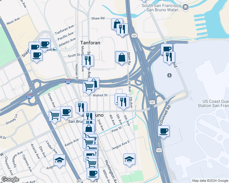 map of restaurants, bars, coffee shops, grocery stores, and more near 909 5th Avenue in San Bruno
