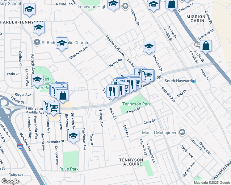 map of restaurants, bars, coffee shops, grocery stores, and more near 27894 Andrea St in Hayward