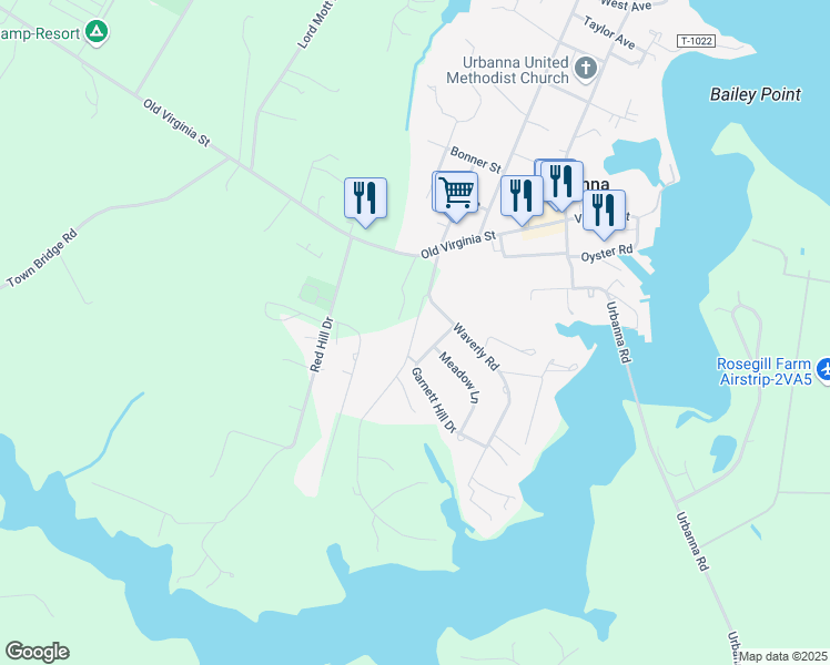 map of restaurants, bars, coffee shops, grocery stores, and more near Laurel Hill Drive in Urbanna