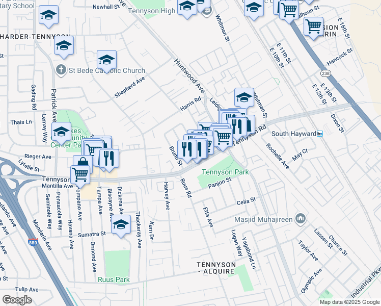 map of restaurants, bars, coffee shops, grocery stores, and more near 27894 Andrea Street in Hayward