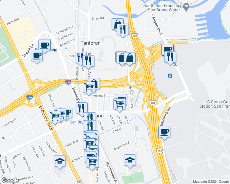 map of restaurants, bars, coffee shops, grocery stores, and more near 909 5th Avenue in San Bruno