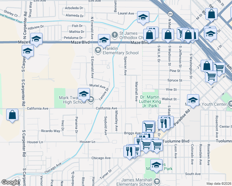 map of restaurants, bars, coffee shops, grocery stores, and more near 520 Lenore Drive in Modesto