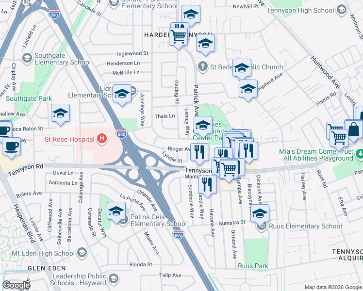 map of restaurants, bars, coffee shops, grocery stores, and more near 1324 Roosevelt Avenue in Hayward