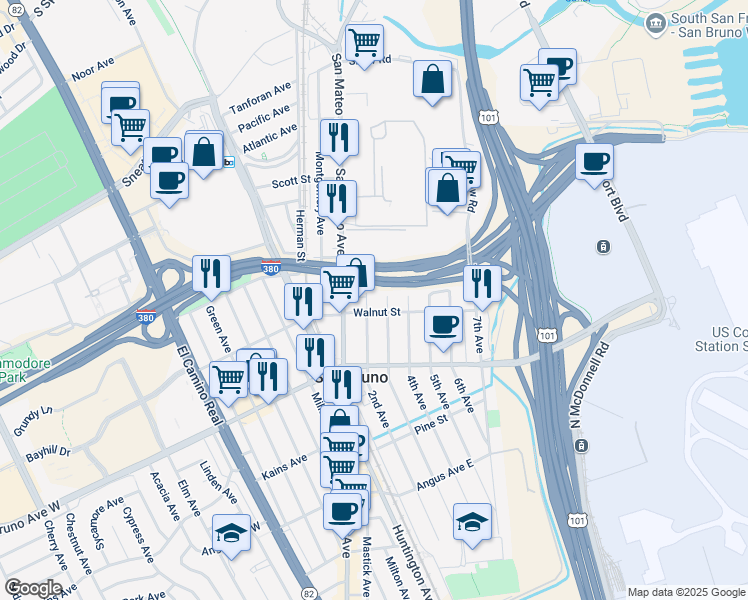 map of restaurants, bars, coffee shops, grocery stores, and more near 919 2nd Avenue in San Bruno
