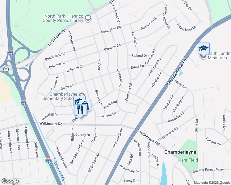 map of restaurants, bars, coffee shops, grocery stores, and more near 8201 Franconia Road in Richmond