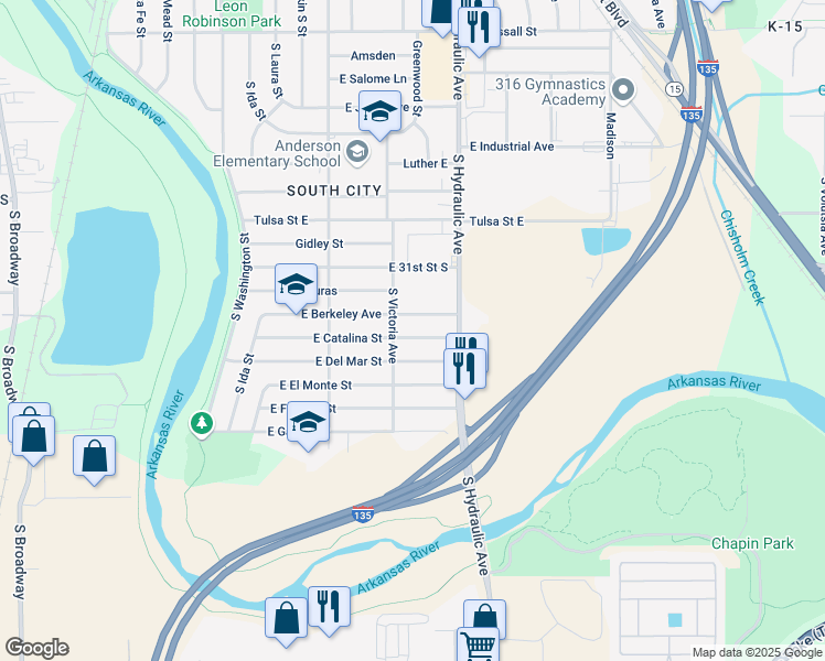 map of restaurants, bars, coffee shops, grocery stores, and more near 1527 Berkeley Street in Wichita