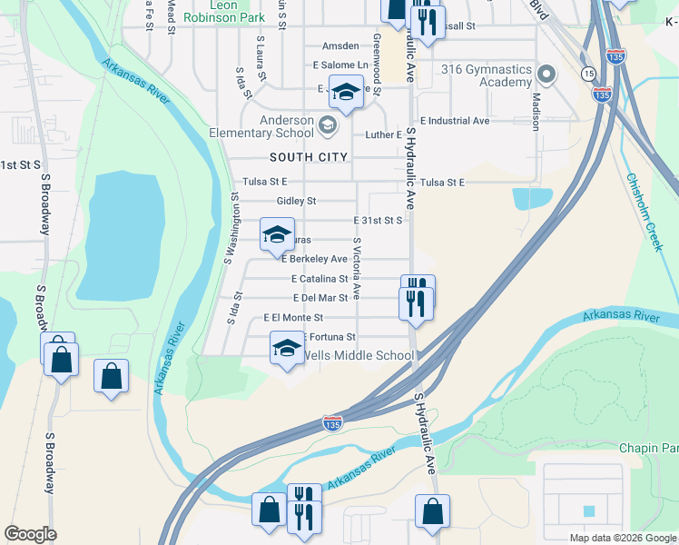 map of restaurants, bars, coffee shops, grocery stores, and more near 1415 East Berkeley Avenue in Wichita