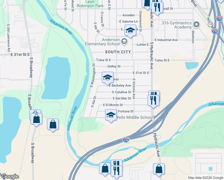 map of restaurants, bars, coffee shops, grocery stores, and more near 1211 East Berkeley Avenue in Wichita