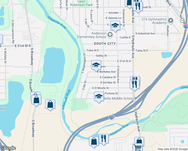map of restaurants, bars, coffee shops, grocery stores, and more near 1101 East Berkeley Avenue in Wichita