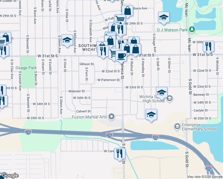map of restaurants, bars, coffee shops, grocery stores, and more near 1210 W 33rd Street South in Wichita