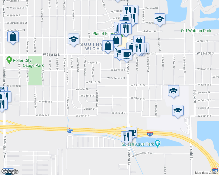 map of restaurants, bars, coffee shops, grocery stores, and more near 1320 West 33rd Street South in Wichita
