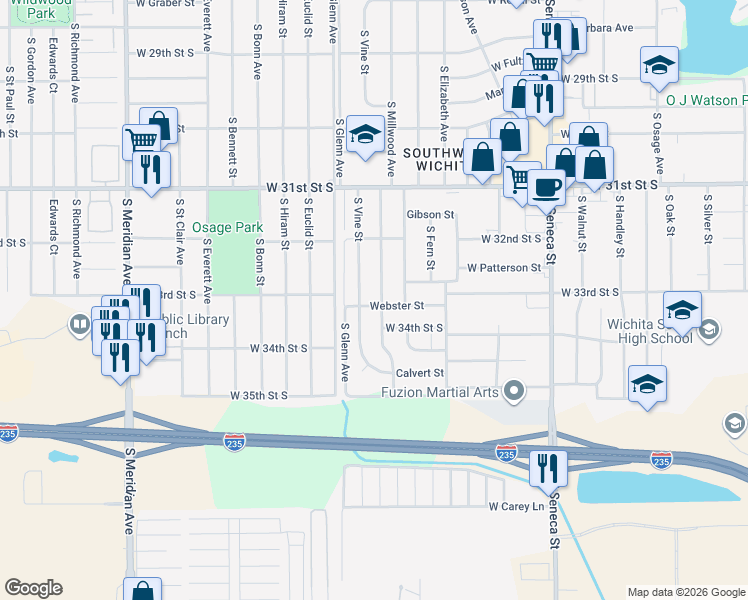 map of restaurants, bars, coffee shops, grocery stores, and more near 3357 South Vine Street in Wichita