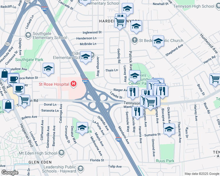 map of restaurants, bars, coffee shops, grocery stores, and more near 1481 Rieger Avenue in Hayward