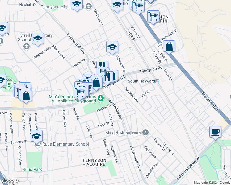 map of restaurants, bars, coffee shops, grocery stores, and more near 28222 Lustig Court in Hayward