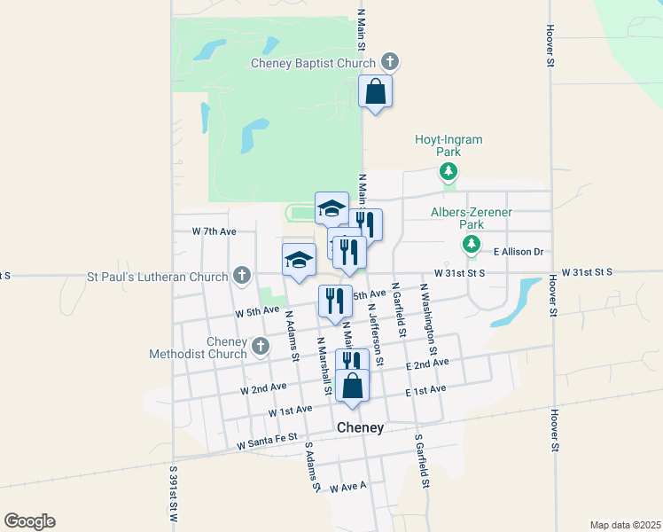 map of restaurants, bars, coffee shops, grocery stores, and more near 100 West 6th Avenue in Cheney