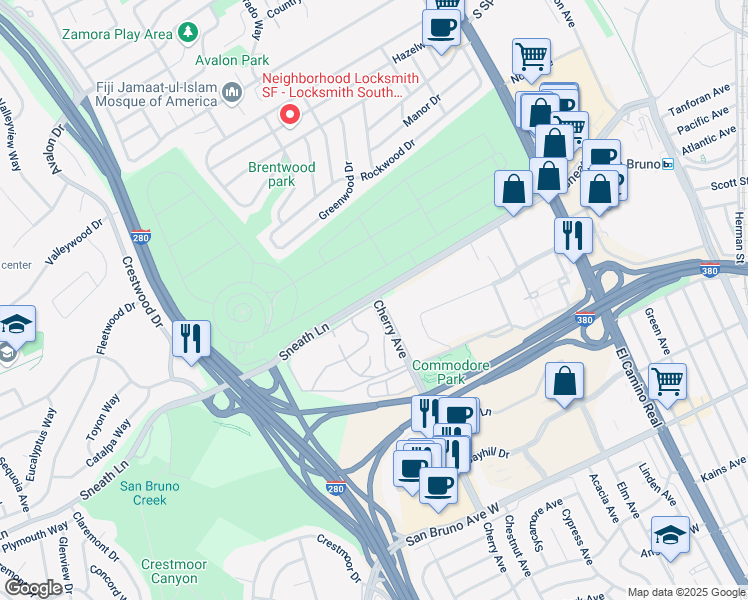 map of restaurants, bars, coffee shops, grocery stores, and more near 141 Piccadilly Place in San Bruno
