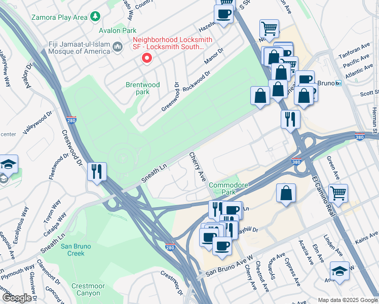 map of restaurants, bars, coffee shops, grocery stores, and more near 1125 Cherry Avenue in San Bruno