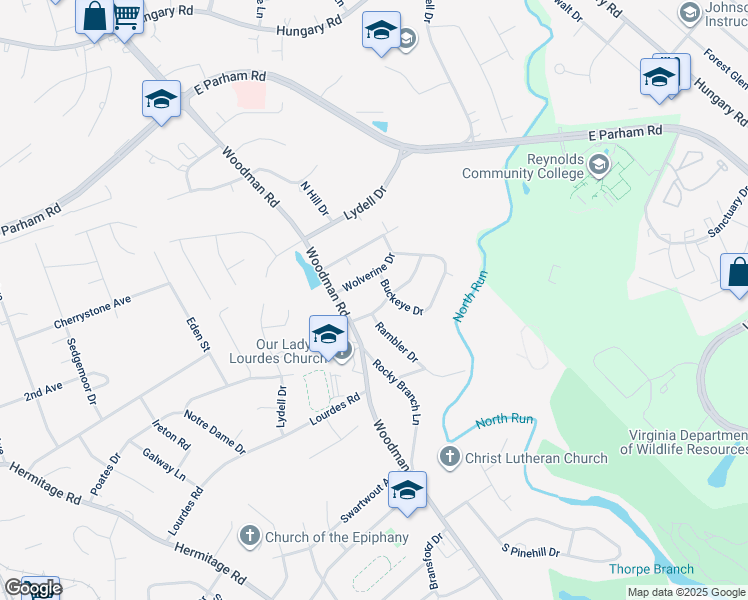 map of restaurants, bars, coffee shops, grocery stores, and more near 2204 Spider Drive in Richmond