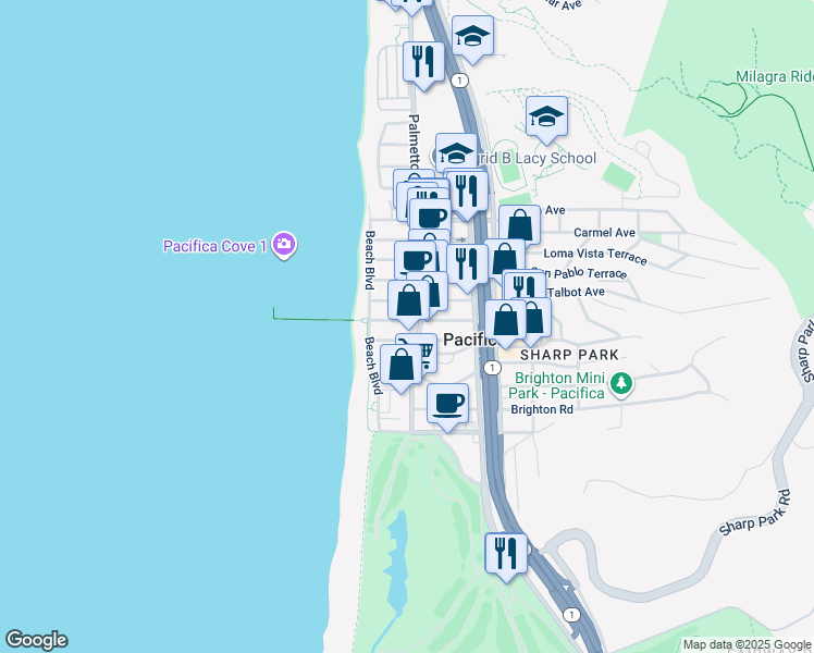 map of restaurants, bars, coffee shops, grocery stores, and more near 78 Santa Rosa Avenue in Pacifica