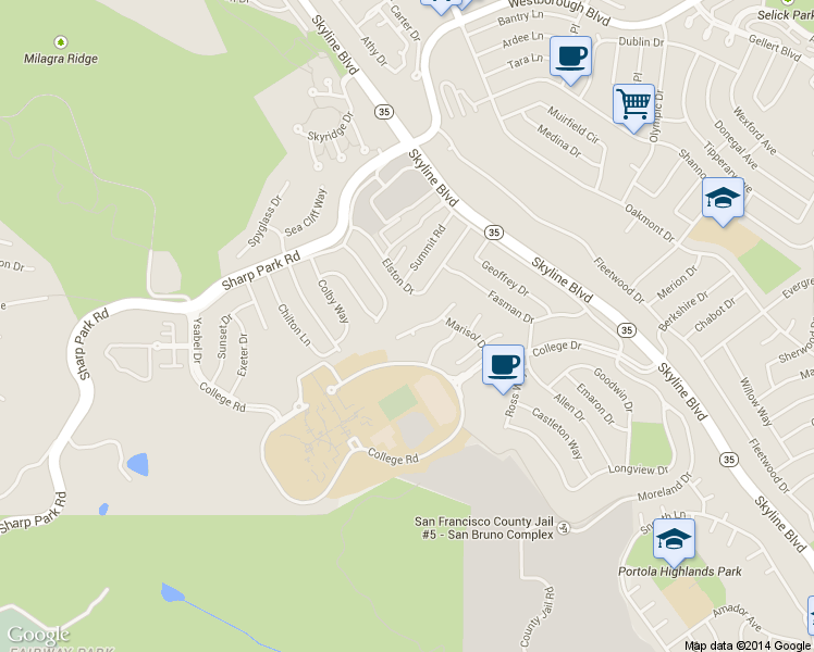 map of restaurants, bars, coffee shops, grocery stores, and more near 3812 Adriatic Way in San Bruno