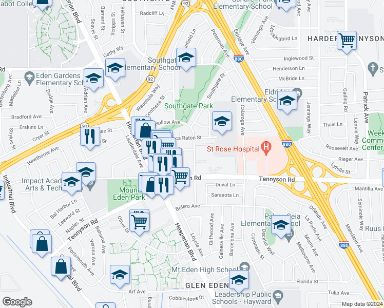 map of restaurants, bars, coffee shops, grocery stores, and more near 27211 Sleepy Hollow Avenue South in Hayward