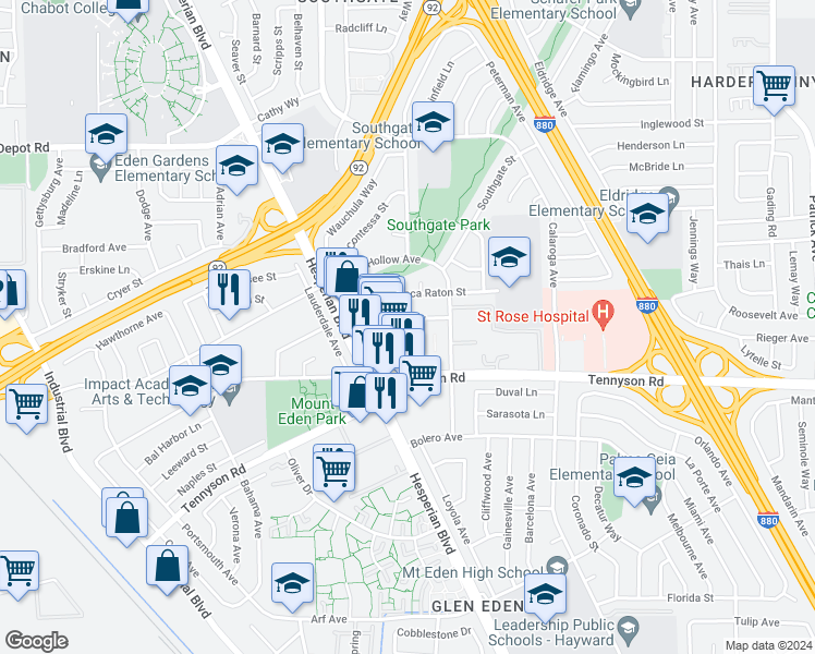 map of restaurants, bars, coffee shops, grocery stores, and more near 2086 Aldengate Way in Hayward