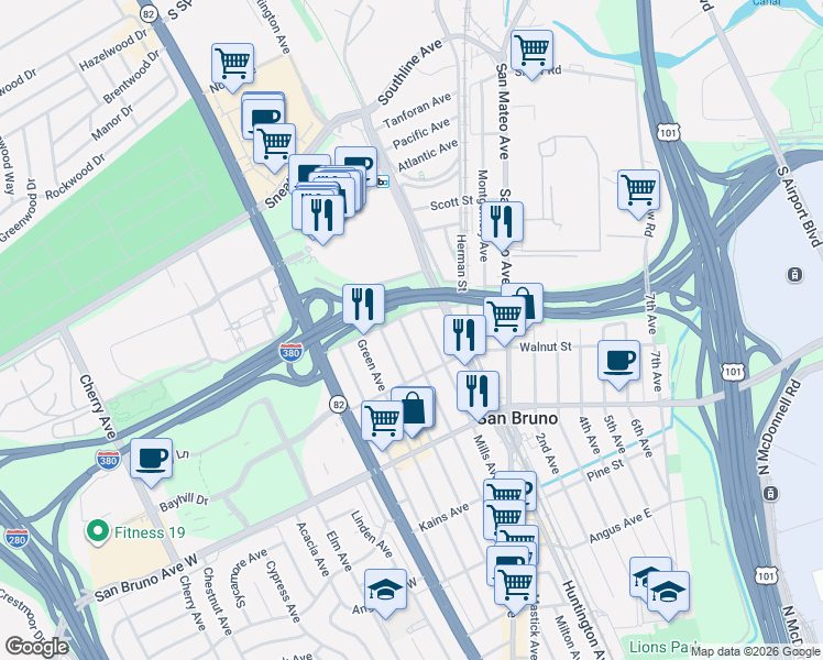 map of restaurants, bars, coffee shops, grocery stores, and more near 973 Mills Avenue in San Bruno
