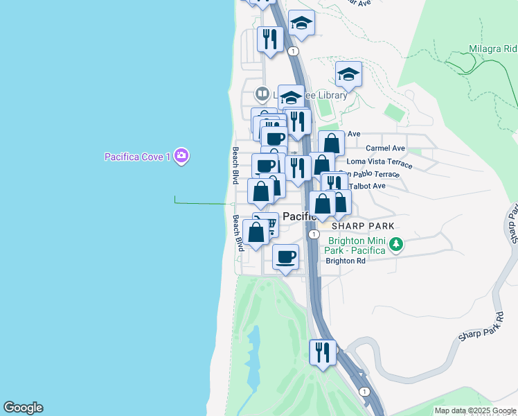 map of restaurants, bars, coffee shops, grocery stores, and more near 65 Santa Rosa Avenue in Pacifica