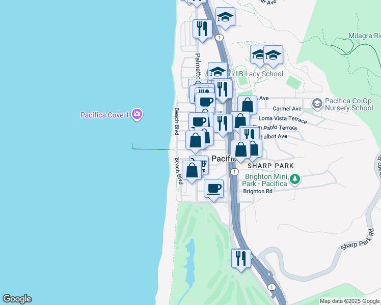 map of restaurants, bars, coffee shops, grocery stores, and more near 65 Santa Rosa Avenue in Pacifica