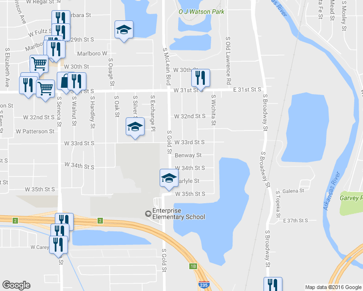 map of restaurants, bars, coffee shops, grocery stores, and more near 3356 South Gold Street in Wichita