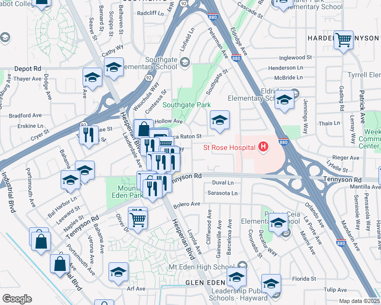 map of restaurants, bars, coffee shops, grocery stores, and more near 27230 Sleepy Hollow Avenue South in Hayward