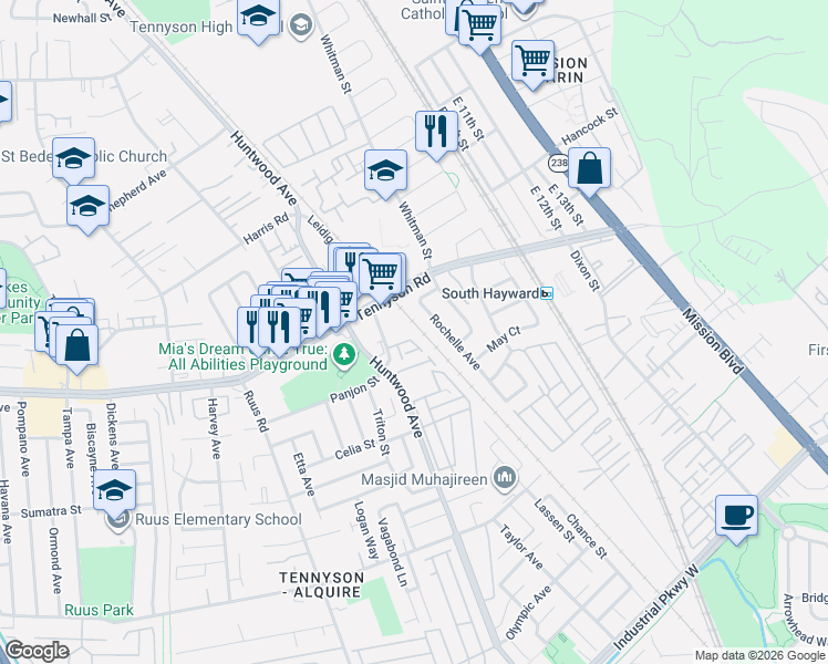 map of restaurants, bars, coffee shops, grocery stores, and more near 28279 Rochelle Avenue in Hayward