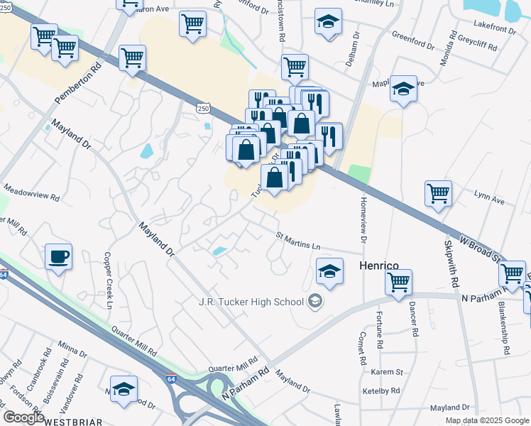 map of restaurants, bars, coffee shops, grocery stores, and more near 9034 Horrigan Court in Henrico