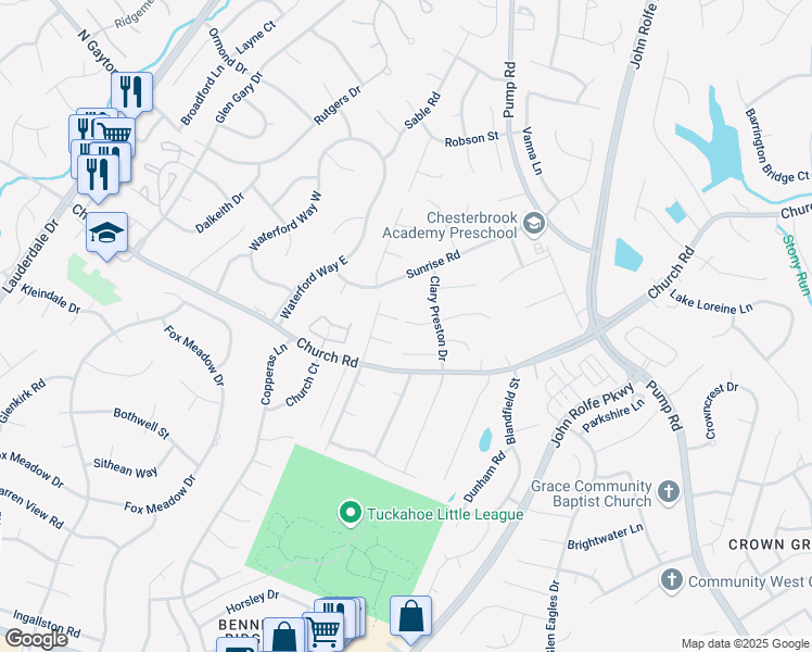 map of restaurants, bars, coffee shops, grocery stores, and more near 11908 Marnelan Drive in Richmond